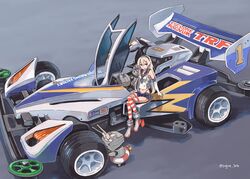  bakusou_kyoudai_let&#039;s_&amp;_go!! black_neckerchief black_panties blonde_hair blue_sailor_collar blue_skirt brown_eyes car collarbone crop_top cyclone_magnum_trf elbow_gloves female gloves hair_between_eyes highleg highleg_panties highres kantai_collection long_hair mini_4wd miniskirt motor_vehicle navel neckerchief open_mouth panties pleated_skirt rensouhou-chan rudder_footwear sailor_collar school_uniform serafuku shimakaze_(kancolle) skirt sleeveless smile solo striped_clothes striped_thighhighs sugue_tettou tamiya_incorporated thighhighs twitter_username underwear vehicle_focus white_gloves 