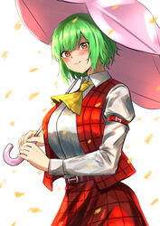  absurdres arm_belt ascot bad_id bad_twitter_id belt blush breasts closed_mouth cowboy_shot falling_leaves female green_hair highres holding holding_umbrella juliet_sleeves kazami_yuuka large_breasts leaf light_smile long_sleeves looking_at_viewer open_clothes open_vest plaid plaid_skirt plaid_vest puffy_sleeves red_eyes red_vest sen_(daydream_53) shirt short_hair simple_background skirt skirt_set solo swept_bangs touhou umbrella vest white_background white_shirt wing_collar yellow_ascot 