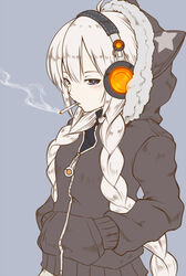  black_hoodie blue_background braid cigarette commentary female fur-trimmed_hood fur_trim grey_hair half-closed_eyes hands_in_pockets headphones highres hood hood_up hoodie kizuna_akari light_blush long_hair looking_at_viewer not_makigai smoking solo star_(symbol) star_print twin_braids upper_body very_long_hair vocaloid voiceroid zipper 