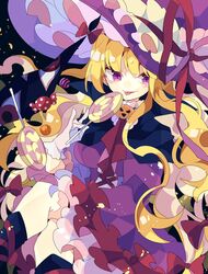  :p ascot blonde_hair bow brooch candy commentary dress feet_out_of_frame female food frilled_hat frills gap_(touhou) gloves hat hat_ribbon highres holding jack-o&#039;-lantern_brooch jack-o&#039;-lantern_ornament jewelry lollipop long_hair looking_at_viewer nikorashi-ka purple_dress purple_eyes purple_hat red_ascot red_bow red_ribbon ribbon solo swirl_lollipop symbol-only_commentary tongue tongue_out touhou white_gloves witch_hat wrapped_candy yakumo_yukari 