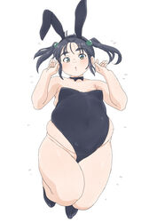  animal_ears arms_up big_belly blush commentary_request covered_navel fake_animal_ears fat fat_rolls female full_body green_eyes grey_hair grey_leotard head_tilt highleg highleg_leotard highres leotard looking_at_viewer making-of_available mizu_kane muffin_top obese original paid_reward_available parted_lips playboy_bunny plump rabbit_pose sidelocks simple_background solo strapless strapless_leotard sweat tareme thick_thighs thighs two_side_up white_background 