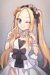  ;) abigail_williams_(fate) black_bow black_ribbon blonde_hair blue_eyes blush bow bracelet breasts closed_mouth commentary cosplay dress euryale_(fate) euryale_(fate)_(cosplay) euryale_(third_ascension)_(fate) euryale_(third_ascension)_(fate)_(cosplay) fate/grand_order fate/hollow_ataraxia fate_(series) female forehead frilled_hairband frills hair_ribbon hairband hairbow hands_up highres jewelry long_hair looking_at_viewer miya_(miyaruta) multiple_bows necklace one_eye_closed orange_bow parted_bangs pointing pointing_at_self ribbon ring sidelocks small_breasts smile solo sparkle twintails very_long_hair white_dress 