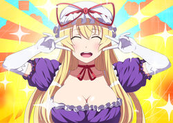  ^_^ absurdres arms_up blonde_hair blush breasts choker cleavage closed_eyes cloud_background collarbone double_v dress elbow_gloves facing_viewer female frilled_dress frills from_side gloves hands_up happy hat hat_ribbon highres kyoukyan large_breasts light_rays mob_cap open_mouth patterned_background puffy_short_sleeves puffy_sleeves purple_dress red_ribbon ribbon ribbon_choker round_teeth shiny_skin short_sleeves smile solo sparkle teeth tongue touhou upper_body v white_gloves yakumo_yukari 