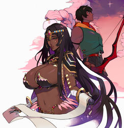  1boy absurdres arash_(fate) belt black_hair bow_(weapon) breasts circlet cleavage commentary dark-skinned_female dark-skinned_male dark_skin ennuigrl fate/grand_order fate/prototype fate/prototype:_fragments_of_blue_and_silver fate_(series) female green_eyes highres huge_breasts jewelry lips long_hair navel ring scheherazade_(fate) scroll short_hair star_(sky) star_(symbol) thumb_ring very_long_hair weapon 