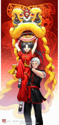  1boy alternate_costume archer_(fate) black_hair chinese_clothes fate/grand_order fate/stay_night fate_(series) female green_eyes grey_hair highres lion_dance long_hair smile tohsaka_rin twintails yaoshi_jun 