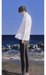  1boy absurdres barefoot beach black_eyes black_hair black_pants blue_sky collared_shirt from_side highres hirota_tsuu horizon long_sleeves looking_at_viewer looking_to_the_side male_focus ocean original outdoors pants parted_lips profile sand shirt sky solo standing usuzumi_kei white_shirt wing_collar 