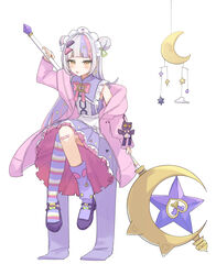  absurdres asymmetrical_legwear buttons commentary_request crescent double-breasted dress female full_body grey_hair hair_ornament hairclip highres holding holding_staff hololive jacket long_hair long_sleeves looking_at_viewer loose_socks mary_janes mobile multicolored_hair murasaki_shion murasaki_shion_(magical_girl_maid) off_shoulder official_alternate_costume oisiimizu orange_eyes pink_hair pink_jacket purple_dress purple_footwear purple_hair purple_socks purple_thighhighs shoes simple_background single_thighhigh sleeveless sleeveless_dress socks solo staff star_(symbol) star_hair_ornament streaked_hair striped_clothes striped_thighhighs thighhighs tongue tongue_out toy virtual_youtuber white_background 