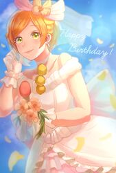  blush choker commentary dress earrings female flower gloves green_eyes happy_birthday highres hoshizora_rin jewelry kimutinomotoda love_live! love_live!_school_idol_project love_wing_bell microphone orange_hair short_hair smile solo strapless strapless_dress white_choker white_dress white_gloves 