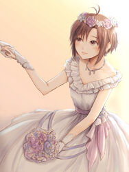  1other antenna_hair black_hair bouquet dress earrings female flower grey_eyes highres holding_hands idolmaster idolmaster_(classic) iso_(nh15mint) jewelry kikuchi_makoto short_hair solo_focus wedding_dress 