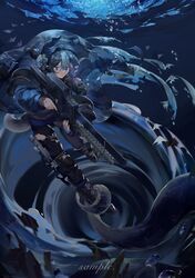  absurdres animal_ears arknights blue_eyes blue_hair blunt_bangs boots bubble chinese_commentary closed_mouth female glaucus_(arknights) highres holding holding_weapon jacket long_sleeves pants railgun sample_watermark slug_girl solo tentacle underwater watermark weapon zhishihua 