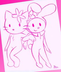  3_fingers anthro bent_ear colored_line_art creepydan domestic_cat duo felid feline felis female female/female fingers flower hello_kitty_(character) hello_kitty_(series) hi_res hood lagomorph leporid mammal monochrome mouth_closed mouthless my_melody onegai_my_melody pink_line_art plant rabbit round_nose round_tail sanrio signature whiskers 