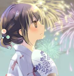  ahoge blurry blurry_background blush brown_hair closed_mouth crying crying_with_eyes_open depth_of_field dragonfly_print female fireworks from_side hair_ornament hand_fan holding holding_fan japanese_clothes kimono kuga_tsukasa original outdoors paper_fan short_hair sideways_mouth solo tears uchiwa white_kimono 