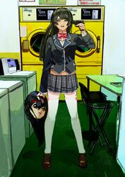  absurdres animegao black_hair black_jacket black_skirt blazer bow breasts commentary cosplay female grey_eyes gun gun_to_head handgun highres holding holding_gun holding_mask holding_weapon itou_(golem_inc) jacket kigurumi laundromat mask medium_breasts nazono_mito nijisanji pink_bow skirt solo thighhighs top-load_washing_machine tsukino_mito tsukino_mito_(1st_costume) unworn_mask virtual_youtuber washing_machine weapon 