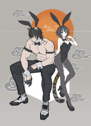  1boy animal_ears arknights black_hair black_leggings black_pants bow bowtie broca_(arknights) cat_ears cat_tail female highres la_pluma_(arknights) leggings leotard muscular muscular_male pants platform_footwear platform_heels playboy_bunny rabbit_ears strapless strapless_leotard tail topless_male zerg_(z79438659) 