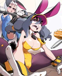  2girls absurdres animal_ears bongfill breasts cake cleavage commentary crying crying_with_eyes_open english_commentary fake_animal_ears food gloves grey_hair hair_between_eyes highres large_breasts leg_up looking_at_another medium_breasts multiple_girls original pantyhose plate playboy_bunny purple_eyes skull_(bongfill) tank_(bongfill) tears teeth weapon white_gloves wrist_cuffs 