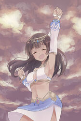  alice_gear_aegis arm_up armpits breasts brown_hair cleavage clenched_hands closed_eyes cloud cloudy_sky commentary_request cowboy_shot dark-skinned_female dark_skin detached_sleeves fatima_betrorum female halterneck happy hide_0 long_hair midriff navel open_mouth photoshop_(medium) sideboob skirt sky solo sunset 