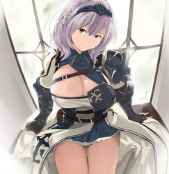  armor armored_dress bad_id bad_pixiv_id black_armor blue_collar braid breasts cafekun chest_belt cleavage collar female gloves gold_trim green_eyes grey_hair highres hololive large_breasts medium_hair miniskirt partially_fingerless_gloves shirogane_noel shirogane_noel_(1st_costume) sitting skirt smile solo tiara virtual_youtuber wavy_hair window windowsill wrist_guards 