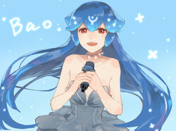  absurdres bao_(vtuber) bao_(vtuber)_(1st_costume) blue_background blue_hair breasts female glowing highres indie_virtual_youtuber long_hair microphone open_mouth red_eyes simple_background small_breasts solo takebosi virtual_youtuber whale_girl 