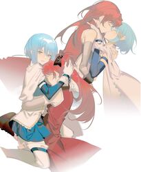  2girls absurdres blue_eyes blue_hair blue_skirt blue_sleeves breasts cape chinese_commentary closed_eyes commentary_request detached_sleeves dress fortissimo gloves hair_ornament hand_on_another&#039;s_shoulder hand_on_another&#039;s_waist highres hug kissing long_hair looking_at_viewer magical_girl mahou_shoujo_madoka_magica mahou_shoujo_madoka_magica_(anime) miki_sayaka miki_sayaka_(magical_girl) multiple_girls musical_note musical_note_hair_ornament parted_lips red_dress red_hair rin_lingsong sakura_kyoko sakura_kyoko_(magical_girl) simple_background sitting sitting_on_lap sitting_on_person skirt thighhighs white_background white_cape white_gloves white_legwear yuri 