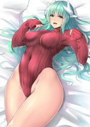  alternate_costume aqua_hair breasts commentary_request covered_navel dragon_girl dragon_horns fate/grand_order fate_(series) female heattech_leotard highleg highleg_leotard horns impossible_clothes impossible_leotard kirisaki_byakko kiyohime_(fate) leotard long_sleeves lying medium_breasts meme_attire multiple_horns on_back photoshop_(medium) red_leotard red_sweater ribbed_leotard solo sweater turtleneck turtleneck_sweater uniqlo yellow_eyes 