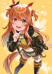  :d animal_ears belt blush brown_eyes commentary_request dog_tags female fur-trimmed_jacket fur_trim green_belt green_jacket hair_between_eyes hand_up happy highres horse_ears horse_girl horse_tail jacket kukiha long_hair long_sleeves looking_at_viewer mayano_top_gun_(umamusume) navel open_clothes open_jacket open_mouth orange_hair ribbon shirt short_shorts shorts signature smile solo tail thighhighs two_side_up umamusume 