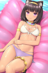  animal_ear_fluff animal_ears arm_across_waist arm_at_side armlet bare_shoulders bikini black_hair blunt_bangs blush bob_cut breasts bridal_garter cat_ears cleavage closed_mouth dark-skinned_female dark_skin egyptian_cat_(sasaame) female from_above hairband highres inflatable_raft looking_at_viewer lying mismatched_bikini navel on_back original purple_bikini purple_eyes sasaame small_breasts smile solo swimsuit usekh_collar white_bikini yellow_hairband 