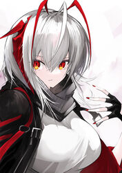  absurdres ahoge antennae arknights black_gloves black_jacket black_scarf breasts demon_horns female fingerless_gloves gloves grey_shirt hair_between_eyes highres horns jacket large_breasts looking_at_viewer open_clothes open_jacket parted_lips red_eyes red_nails scarf shirt short_hair simple_background smile solo upper_body w_(arknights) white_background yonagi_white 