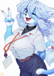  2022 4_fingers anthro aruurara belt big_breasts black_nose blue_body blue_fur bottomwear breasts claws clothed clothing digital_media_(artwork) eyelashes felid feline female female_anthro fingers fur gesture green_eyes hair hand_behind_back hand_gesture hashimoto-chan hi_res kemono long_hair looking_at_viewer mammal name_tag one_eye_closed open_mouth pants ponytail shirt simple_background smile solo standing teeth tongue topwear v_sign white_body white_clothing white_fur white_hair white_shirt white_topwear wink 