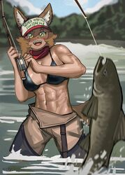  abs absurdres animal_ears bikini brown_hair ezzydraws fangs female fish fishing fishing_rod hat highres lake meme multiple_scars muscular muscular_female original outdoors salmon_(fish) scar solo swimsuit tail tan toned water women_want_me_fish_fear_me_(meme) yellow_eyes 