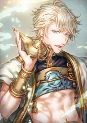  1boy abs ahoge aladdin_(sinoalice) aqua_eyes arabian_clothes armor blonde_hair breastplate doro_(sabarudoro) happy holding jewelry lamp looking_at_viewer male_focus midriff open_mouth short_hair signature sinoalice solo 