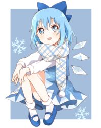  :d blue_background blue_bow blue_dress blue_eyes blue_footwear blue_hair blue_scarf bobby_socks border bow cirno commentary_request convenient_leg dress female floating full_body hair_between_eyes hairbow ice ice_wings knees_up light_blush long_sleeves looking_at_viewer medium_hair namori_(style) outside_border partial_commentary pinafore_dress plaid plaid_scarf pom_pom_(clothes) sasaki_sakiko scarf shoes simple_background sleeveless sleeveless_dress smile snowflakes socks solo touhou v_arms white_border white_socks wings 