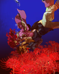  1boy air_bubble boots brown_hair bubble female flay_allster flower gundam gundam_seed highres jtr kira_yamato long_hair military military_uniform red_hair short_hair skirt spider_lily submerged thighhighs uniform 