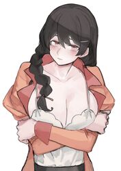  bad_id bad_twitter_id black_hair blush bra braid breast_press breasts collarbone crossed_arms embarrassed female hanekawa_tsubasa highres kizumonogatari large_breasts long_braid long_sleeves looking_at_viewer monogatari_(series) naoetsu_high_school_uniform open_clothes open_shirt orange_shirt puffy_long_sleeves puffy_sleeves red_eyes rrr_ato school_uniform shirt simple_background solo underwear white_background white_bra 