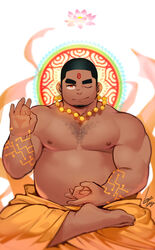  1boy bara barefoot belly black_hair buzz_cut character_request chest_hair dark-skinned_male dark_skin facial_hair fat fat_man flower goatee gomtang indian indian_clothes lotus lotus_position male_focus mature_male muscular muscular_male nipples one_eye_closed open_clothes pectorals plump short_hair sideburns sitting smile solo stomach thick_eyebrows tokyo_houkago_summoners very_short_hair 