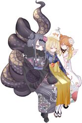  3girls black_footwear black_hair black_kimono blonde_hair blue_kimono boots breasts chajo double_bun fish_on_head flower full_body gradient_hair hair_bun hair_flower hair_ornament hakama hakama_skirt high_heel_boots high_heels highres hololive hololive_english invisible_chair japanese_clothes kimono medium_breasts multicolored_hair multiple_girls ninomae_ina&#039;nis ninomae_ina&#039;nis_(new_year) official_alternate_costume orange_hair pink_flower pink_kimono purple_eyes sandals sitting skirt takanashi_kiara takanashi_kiara_(new_year) tentacle twintails virtual_youtuber watson_amelia watson_amelia_(new_year) white_background yellow_skirt 