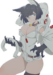  absurdres animal_ears bad_id bad_pixiv_id bell black_gloves black_hair bob_cut breasts brown_collar cat_ears cat_girl cat_tail cleavage closed_mouth collar female gloves green_eyes highres hood hooded_jacket huang_(volt0526) jacket jingle_bell looking_at_viewer medium_breasts neck_bell original short_hair short_shorts shorts simple_background smile tail thighs white_background white_jacket white_shorts zipper 