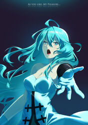  absurdres ahoge android bare_shoulders blue_dress blue_eyes blue_gloves blue_hair breasts cleavage dress english_text female gloves hair_between_eyes highres large_breasts long_hair music open_mouth outstretched_arm singing sinnra_art solo very_long_hair vivy vivy:_fluorite_eye&#039;s_song 