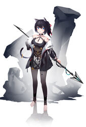  .l.l :d absurdres animal_ear_fluff animal_ears bare_shoulders black_hair black_jacket black_pantyhose black_shorts breasts cat_ears cat_girl cat_tail cleavage cleavage_cutout clothing_cutout collarbone commentary_request eyebrows_hidden_by_hair female full_body hair_between_eyes hair_ribbon hand_on_own_hip highres holding holding_polearm holding_weapon jacket long_sleeves medium_breasts no_shoes off_shoulder one_side_up open_mouth original pantyhose polearm puffy_long_sleeves puffy_sleeves red_ribbon reflection revision ribbon short_shorts shorts smile solo spear standing stirrup_legwear tail teeth toeless_legwear upper_teeth_only v-shaped_eyebrows weapon white_background 