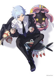  1boy absurdres anorith bad_id bad_twitter_id baltoy belt black_coat black_pants blue_eyes breast_pocket closed_mouth coat collared_shirt commentary grey_hair highres holding jewelry lileep male_focus necktie off_shoulder open_clothes open_coat pants pocket pokemon pokemon_(creature) pokemon_rse purple_belt ring rock shirt shoes short_hair sitting smile spiked_hair steven_stone twitter_username white_shirt xia_(ryugo) 