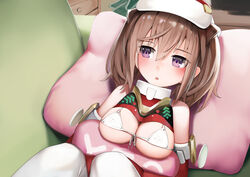  alice_gear_aegis bare_shoulders bra breasts brown_hair commentary_request female hat highres kimikage_yui large_breasts lying medium_hair oerba_yun_fang on_back open_mouth pantyhose pillow purple_eyes skin_fang solo sunga2usagi underwear white_bra white_hat white_pantyhose yes yes-no_pillow 