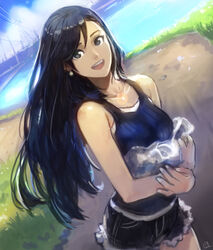  black_eyes black_hair commentary cutoffs day dutch_angle earrings female highres jewelry long_hair looking_at_viewer okuto open_mouth original outdoors photoshop_(medium) power_lines shorts signature solo tank_top 