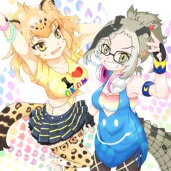  2girls alternate_costume animal_ears arm_at_side arm_up armlet armpits arms_up asymmetrical_hair bare_arms bespectacled black_hair bracelet breasts clothes_writing collarbone cosplay crocodilian_tail dress fingerless_gloves furimuki_friends glasses gloves green_eyes green_hair grin hair_ornament headphones headphones_around_neck heart high_ponytail hinabita igarashi_hiromi izumi_ibuki izumi_ibuki_(cosplay) jaguar_(kemono_friends) jaguar_ears jaguar_tail jewelry kemono_friends looking_at_viewer medium_hair meu_meu meu_meu_(cosplay) microskirt midriff multicolored_hair multiple_girls navel open_mouth orange_hair outstretched_arm pantyhose plaid plaid_skirt rainbow_bra saltwater_crocodile_(kemono_friends) shirt short_dress short_sleeves skirt sleeveless sleeveless_dress smile standing standing_on_one_leg stomach t-shirt tail thighhighs tsuda_minami two-tone_hair voice_actor_connection yellow_eyes zettai_ryouiki 