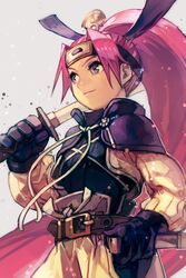  asuka_(fuurai_no_shiren) belt blue_eyes breasts closed_mouth female fuurai_no_shiren gloves headband hungry_clicker katana long_hair pink_hair ponytail simple_background smile solo sword weapon 