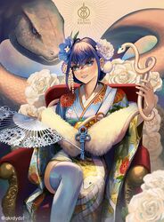  animal blue_hair blue_kimono boros_(ouro_kronii) character_name commentary english_commentary female flower fur_scarf hair_intakes hand_fan head_tilt highres holding holding_animal holding_fan hololive hololive_english japanese_clothes kimono ouro_kronii ouro_kronii_(new_year) rose santafe99 short_hair smile snake solo thighhighs virtual_youtuber white_flower white_rose white_thighhighs 