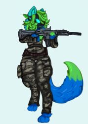  angry anthro clothed clothing colored_nails female gun hair hi_res hk416 long_hair machine milo_the_protogen nails protogen ranged_weapon screen screen_face simple_background solo thick_thighs weapon 