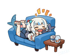  :d ^_^ blue_dress blue_hair blush brown_footwear chibi closed_eyes commentary_request couch cube_hair_ornament cup dress female fins fish_tail gawr_gura gawr_gura_(casual) grey_hair hair_ornament hololive hololive_english itsuki_tasuku legs_up lying mug multicolored_hair notice_lines on_couch on_stomach open_mouth revision sandals shark_tail sharp_teeth shoe_soles shrimp side_ponytail simple_background smile solo streaked_hair stuffed_animal stuffed_shark stuffed_toy tail teeth virtual_youtuber white_background 