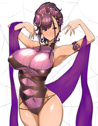  armlet armpits bare_shoulders black_one-piece_swimsuit blush breasts closed_mouth covered_navel duplicate fate/grand_order fate_(series) female flower gold_trim hair_flower hair_ornament hair_up hands_up highleg highleg_swimsuit highres large_breasts long_hair looking_at_viewer murasaki_shikibu_(fate) murasaki_shikibu_(swimsuit_rider)_(fate) murasaki_shikibu_(swimsuit_rider)_(first_ascension)_(fate) one-piece_swimsuit pixel-perfect_duplicate purple_eyes purple_hair shawl silk smile spider_web swimsuit thighs tokiwa_midori_(kyokutou_funamushi) white_background 