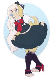  2015 accessory alpha_channel alternate_species anthro belt blue_eyes blue_nose blue_tongue bow_ribbon canid canine canis clothed clothing dachshund danganronpa danganronpa_2 digital_media_(artwork) domestic_dog dress eyelashes female footwear fully_clothed fur furrification gem hair hair_accessory hair_ribbon hairbow high_heels hunting_dog knee_highs knee_socks legwear mammal open_mouth open_smile ribbons simple_background smile socks solo sonia_nevermind spike_chunsoft strawberryneko tongue transparent_background white_hair yellow_body yellow_fur 