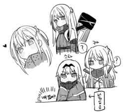  3girls ? an-94_(girls&#039;_frontline) bad_id bad_twitter_id blush commentary detached_sleeves embarrassed girls&#039;_frontline greyscale hair_ornament hairband heart jacket korean_text long_hair long_sleeves m4a1_(girls&#039;_frontline) m4a1_(mod3)_(girls&#039;_frontline) mask monochrome multiple_girls particle_cannon_case st_ar-15_(girls&#039;_frontline) st_ar-15_(mod3)_(girls&#039;_frontline) standing translation_request tsuka unworn_mask 