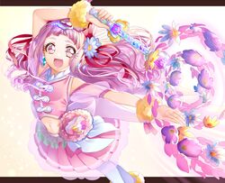  :d commentary_request crop_top cure_yell detached_sleeves earrings female floating_hair gem_wand hair_ornament hair_ribbon heart heart_hair_ornament heart_pouch highres holding holding_staff hugtto!_precure jewelry long_hair looking_at_viewer midriff miniskirt navel nono_hana open_mouth outstretched_arm pink_eyes pink_hair pink_skirt pink_sleeves pleated_skirt precure red_ribbon ribbon short_sleeves simple_background skirt smile solo staff stomach very_long_hair white_background white_legwear yuutarou_(fukiiincho) 